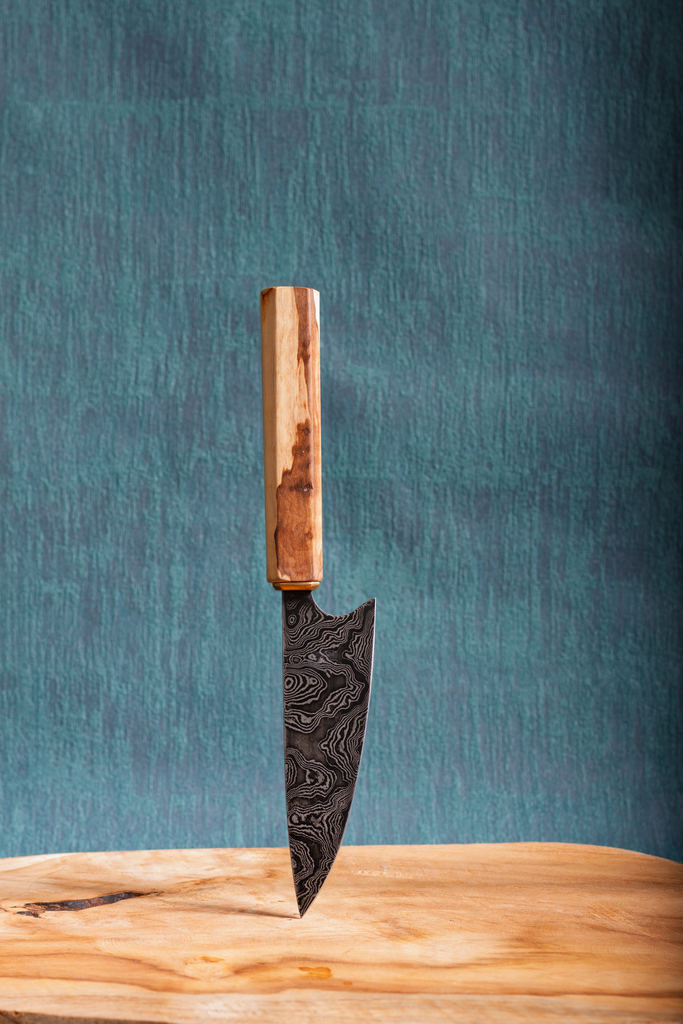 Ladder damascus knife with a pear wooden handle