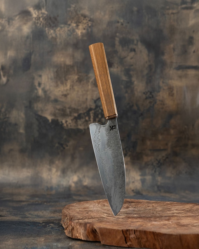80CrV2 Core with Wrought Iron Cladding – Santoku with Teak and Copper Handle