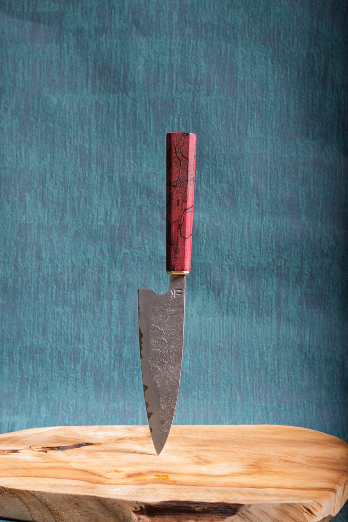 #2 of 2; 80Crv2 and 15n20 cladding with a purple dyed Spalted birch handle