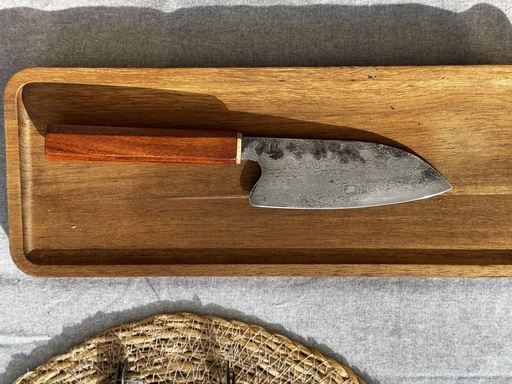 Wrought Iron Cladding with 80CrV2 Core Santoku and Pao Rosa Handle